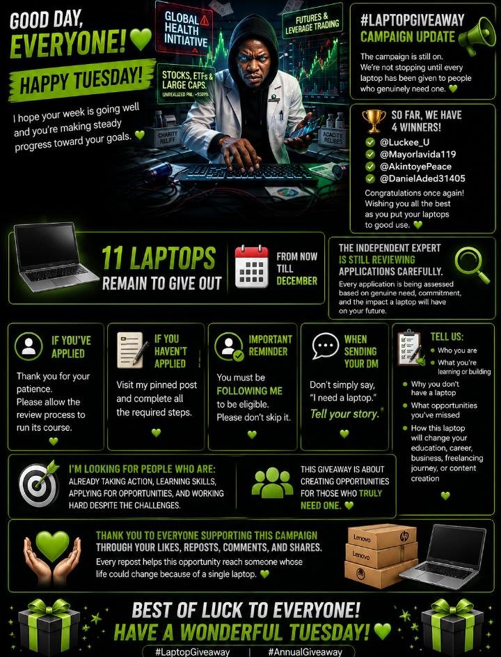 Cele2David's tweet photo. Good day, everyone! ❤️
Happy Tuesday!
The #LaptopGiveaway campaign is still on.
Four laptops have already been won, and there are still 11 laptops left to be given out before December.
The independent expert is still reviewing every application to ensure a fair and transparent selection process.
If you've applied, thank you for your patience.
If you haven't applied yet, visit my pinned post and complete all the required steps.
A reminder: You must be following me to be eligible.
When sending your DM, don't simply say, "I need a laptop."
Tell your story. Explain why you need one, what you're working on, and how receiving a laptop will change your future.
Thank you to everyone supporting this campaign through your likes, reposts, comments, and shares.
Best of luck to everyone! ❤️
#LaptopGiveaway #AnnualGiveway