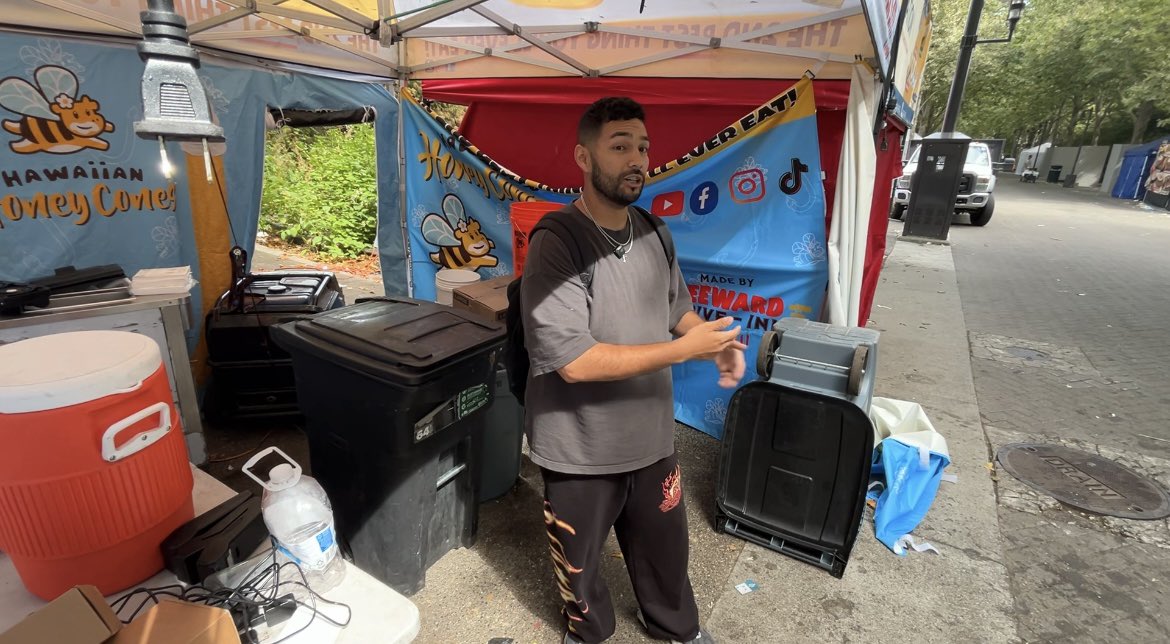 AlexMcLoon's tweet photo. Christopher Monterroso, a Los Angeles food vendor, was livestreaming when gunfire erupted at Seattle Center, capturing the chaos as people ran for cover. He told me his pregnant wife watched the livestream in real time and feared the worst. Despite it all, he says he doesn’t blame the event and is heading to Portland next.