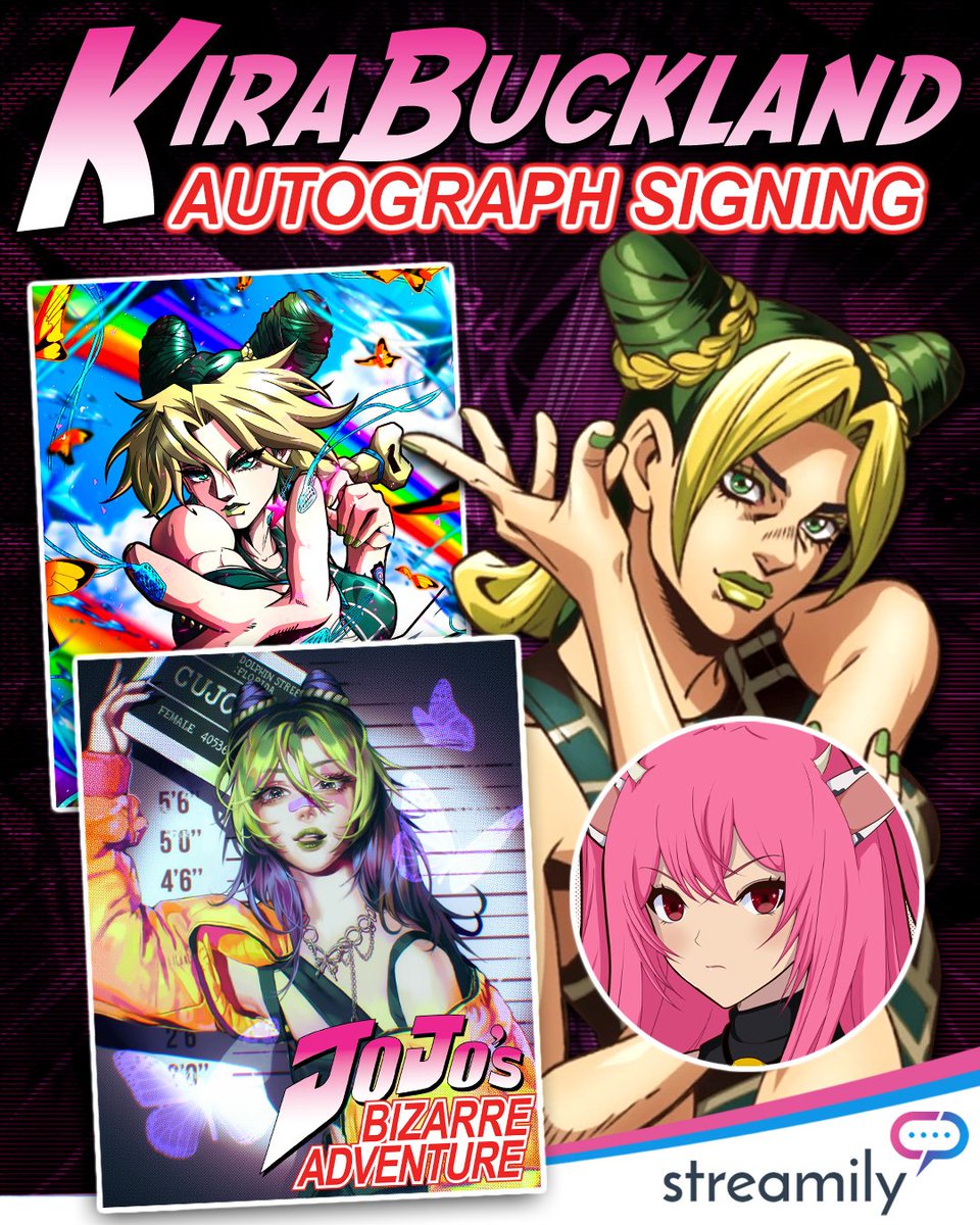 StreamilyLive's tweet photo. 💚 KIRA BUCKLAND IS SIGNING LIVE!

@KiraBuckland the voice of Jolyne Cujoh in JoJo’s Bizarre Adventure: Stone Ocean, Mitsuri Kanroji in Demon Slayer, Kuki Shinobu in Genshin Impact, 2B in NieR:Automata, and more, has an upcoming live autograph signing!

Choose a print from one of her fan-favorite roles and get your order in before Kira goes live.

👉 https://t.co/JxrbGmbJdm

#KiraBuckland #JolyneCujoh #MitsuriKanroji #KukiShinobu #DemonSlayer #GenshinImpact