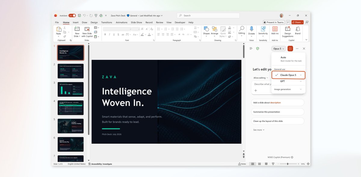 Microsoft365's tweet photo. We're expanding model choice in Microsoft 365 Copilot with Anthropic's latest model, Claude Opus 5.

Designed for everyday use on complex, multi-step work, Claude Opus 5 brings stronger reasoning across documents, spreadsheets, presentations, and long-running tasks. Combined with Work IQ, Copilot helps deliver results grounded in your organization's context.

Rolling out in Word, Excel, PowerPoint, Copilot Chat, Copilot Cowork, and Copilot Studio.

Learn more: https://t.co/9gqj5gqyEX