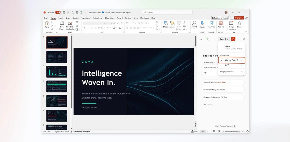 An interface showing a PowerPoint presentation. The design features dark backgrounds with a blue abstract pattern. The sidebar displays Microsoft Copilot, with Anthropic's latest model, Claude Opus 5.