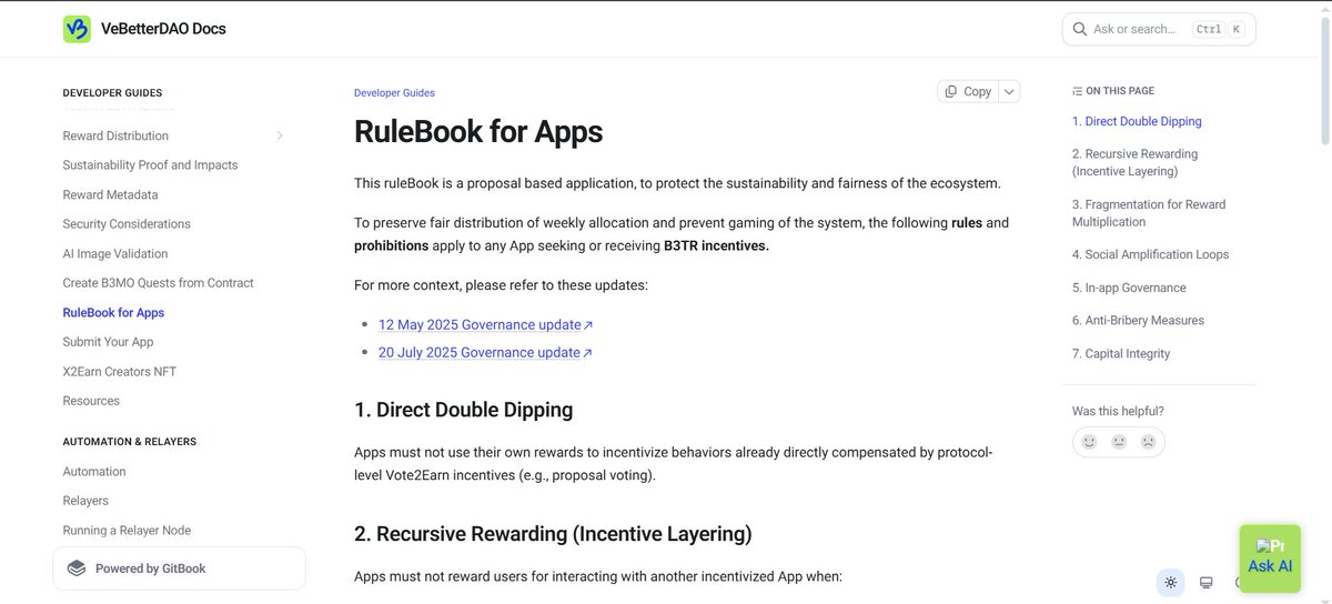 morbidejs's tweet photo. "Integrity Rules" amendment to the RuleBook for Apps is now live! Following ecosystem consensus, 3  rules have been added to cover in-app governance, anti-bribery, and capital integrity. VeBetter DAO apps are encouraged to review the updated guidelines.

https://t.co/vrZKY2Cw6v https://t.co/M5vriSQJ4R