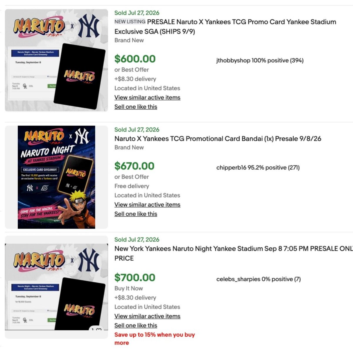 Dexerto's tweet photo. Exclusive Naruto x Yankees TCG cards are already being scalped for over $600 on eBay before they've even been released

The cards will be given to the first 18,000 fans attending the Yankees' Naruto Night https://t.co/tkY73OQnNV