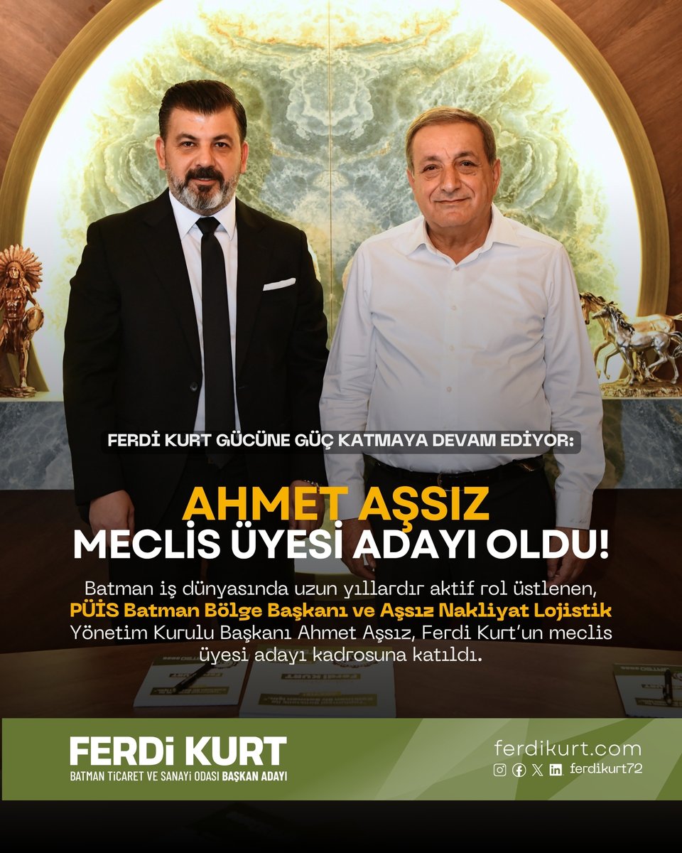 ferdikurt72's tweet photo. Batman iş dünyasının farklı sektörlerinde üretim yapan, yatırım gerçekleştiren ve sorumluluk üstlenen isimlerle yol arkadaşlığımız büyüyor.

PÜİS Batman Bölge Başkanı ve Aşsız Nakliyat Lojistik Yönetim Kurulu Başkanı Ahmet Aşsız, BATSO seçimlerinde meclis üyesi adayı olarak ekibimize katıldı.

Yıllardır iş dünyasının içinde yer alan, sektörünün sorunlarını yakından bilen ve sivil toplum çalışmalarında aktif görev üstlenen Ahmet Aşsız’ın bilgi ve tecrübesiyle, üyelerimizin beklentilerini daha güçlü temsil edecek bir yönetim anlayışı için birlikte çalışacağız.

Batman’ın üretimine, ticaretine ve geleceğine katkı sunacak her fikrin, her emeğin ve her sektörün yanında olmaya devam edeceğiz.
#FerdiKurt #BATSO #batman