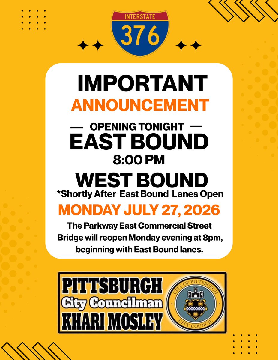 CouncilorMosley's tweet photo. FYI: The Parkway East Commercial Street Bridge will reopen tonight at 8pm, beginning with Eastbound lanes, followed by the Westbound lanes shortly after. https://t.co/kyDJqJlvgt