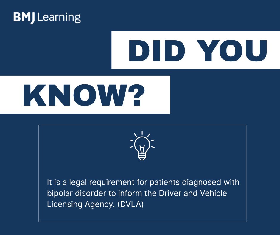 BMJLearning's tweet photo. They may withdraw a driving licence for a period. However, following medical reports, the DVLA will often return the driving licence once the situation has stabilised.

Improve your skills in the 'Clinical pointers: Managing bipolar disorder in primary care' course 👉 https://t.co/mDt2aGWBDI