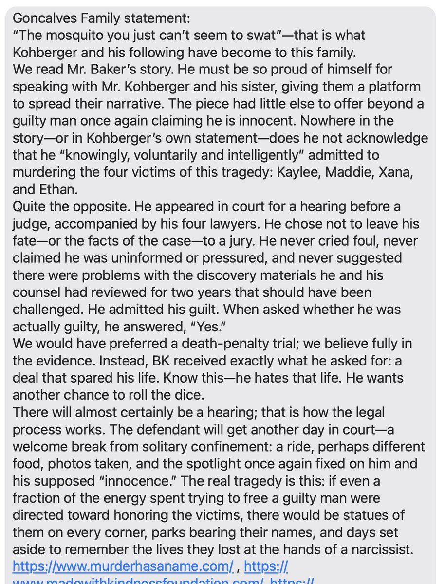 BrianEntin's tweet photo. Goncalves family statement reacting to Bryan Kohberger wanting to abandon his guilty plea. https://t.co/dC6FkSsbGb