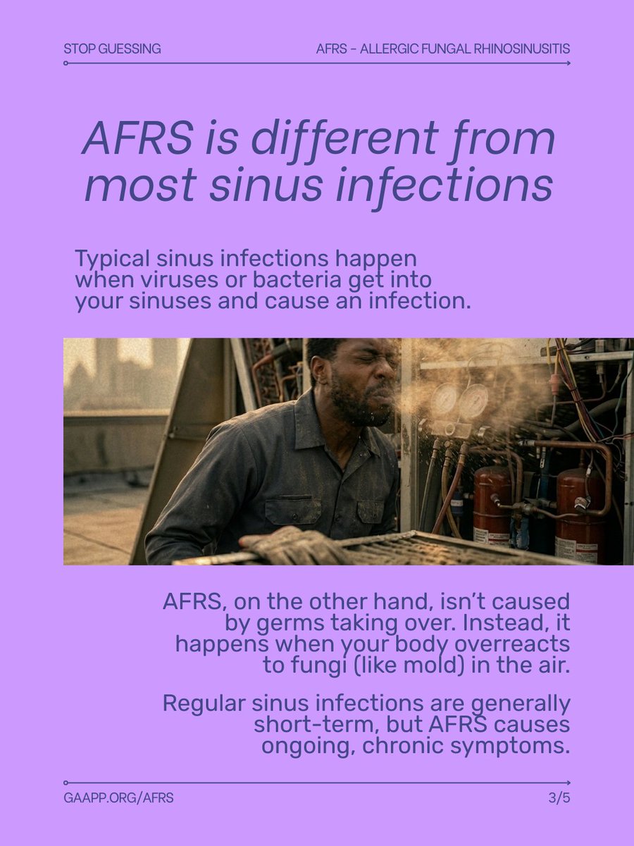 gaapporg's tweet photo. Constantly treating sinus issues without finding real relief? AFRS isn't a simple infection—it's an immune reaction to airborne fungi. Swipe through to learn how AFRS differs from standard sinusitis &amp; grab our free My AFRS Visit Card: https://t.co/iyw9uKf2Qi #TrackYourAFRS https://t.co/CqMlrlQvRr