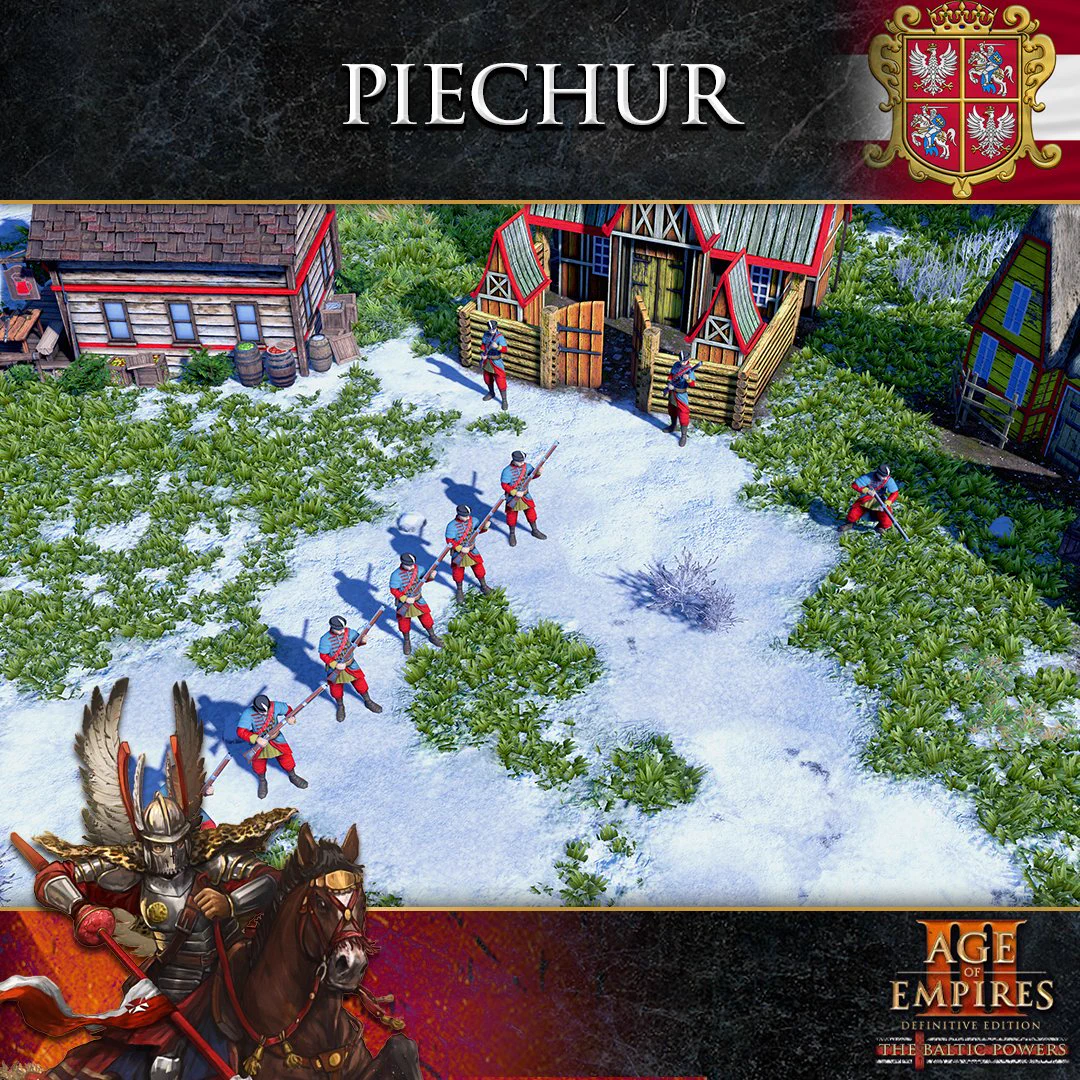 A promotional image for Age of Empires III: Definitive Edition - The Baltic Powers. The graphic includes an in-game screenshot in the center of the image, between two horizontal borders at the top and bottom of the image. The text at the top of the image reads "Piechur." The in-game screenshot shows eight Piechur units, depicted as lightly cloth armored men wielding muskets. The units are standing on a snow-covered grassy backdrop, and are in various positions of a passive and attacking stance.
