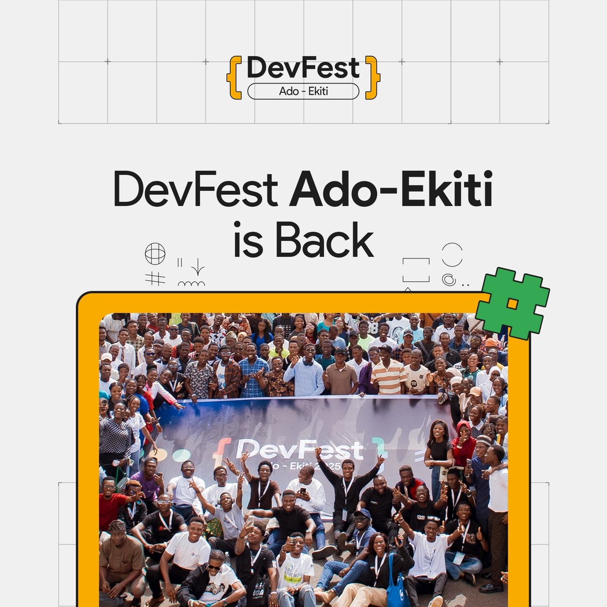 gdgadoekiti's tweet photo. DevFest Season is here again ! 

The biggest Google Developers event in Ekiti is back, better and bigger! 

What to Expect: Tech Talks, Codelabs, Career Sessions, Startup Booths, Swags &amp; More...

Watch out! 
#DevfestAdoEkiti
#DevFest2026 https://t.co/DSywGtvjxE