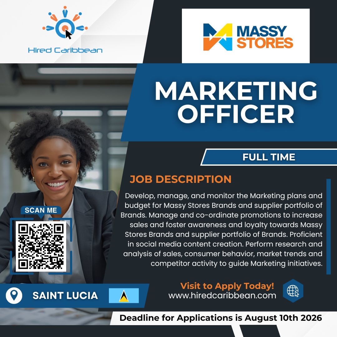 hiredcaribbean's tweet photo. Massy Stores is searching for a creative and driven Marketing Officer.

📲 Scan the QR code or apply online:
https://t.co/hSN3tXERd4 #StLuciaJobs #StLuciaVacancy #GetHired #StLucia https://t.co/hIreP7cBx9