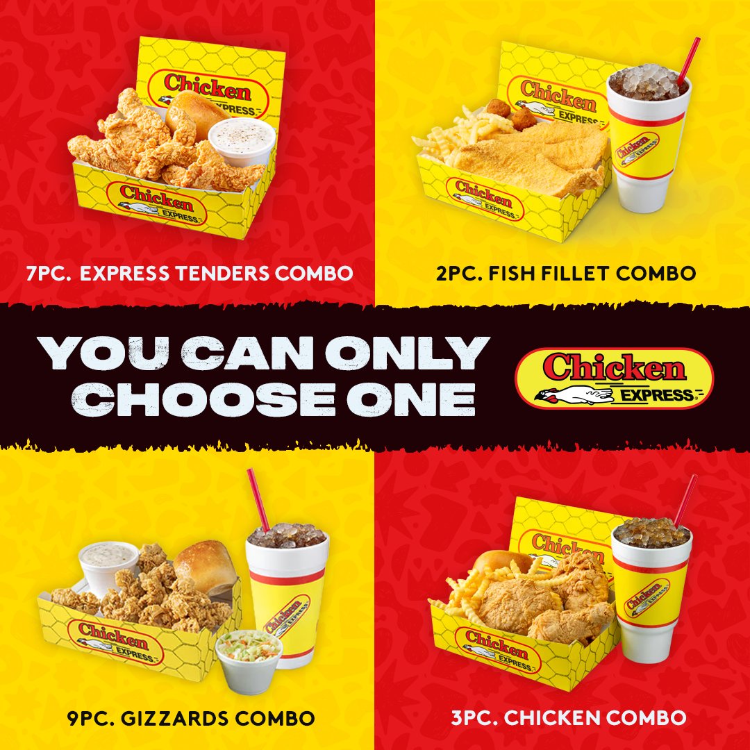 Chicken_Express's tweet photo. Four delicious combos, but you can only choose one! Are you going for the Express Tenders, fish fillet, gizzards, or classic chicken? Drop your pick in the comments! 🍗🐟🔥

#ChickenExpress #ChooseOne #ComboTime #FriedChicken #WhatsForDinner #ExpressTenders https://t.co/TWrgfUh6nM