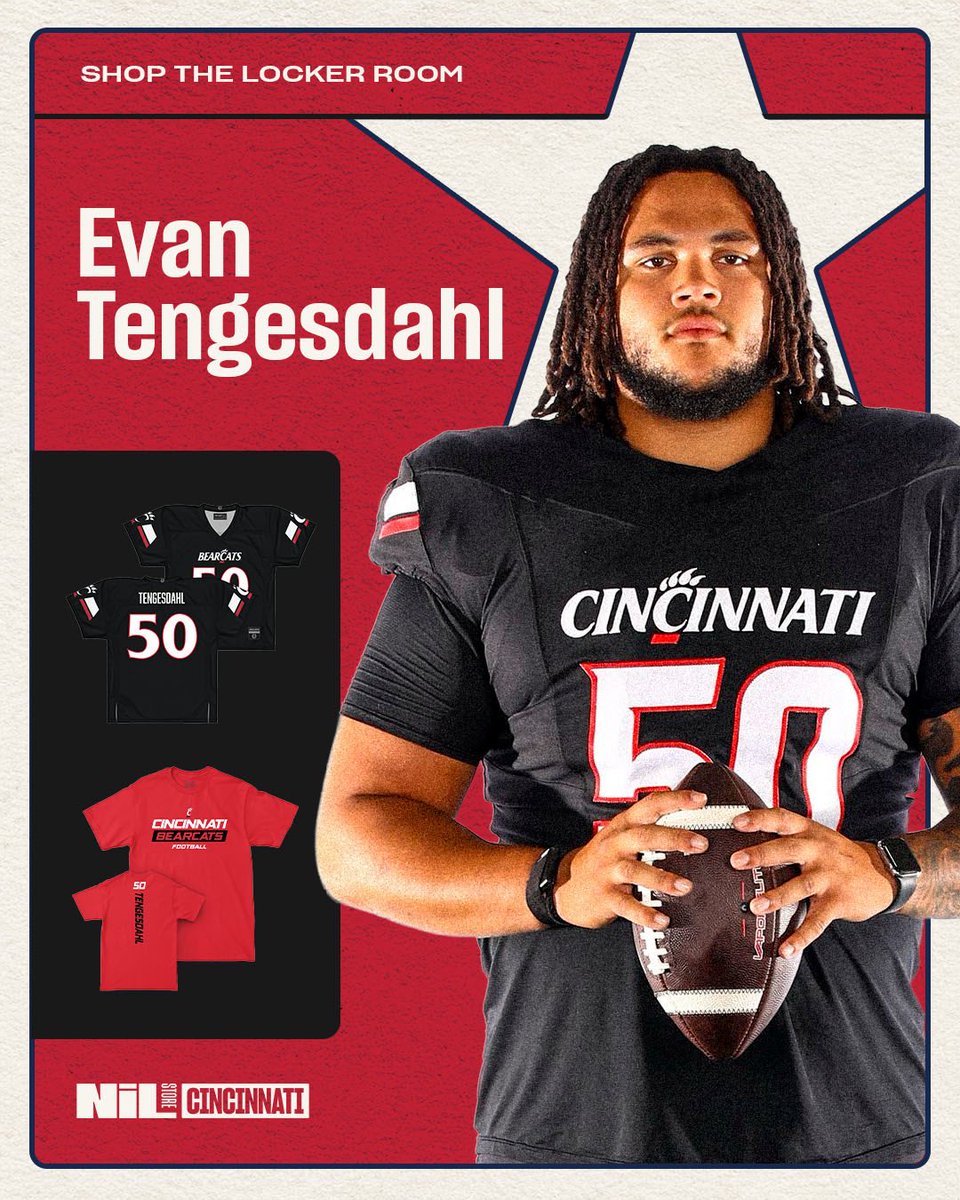 CincinnatiNIL's tweet photo. Built in the trenches. 😤💪
@EvanTengesdahl_ locker room is officially open. Grab your gear and rep No. 50 all season long! 🐾🛒

https://t.co/FTadj322KM

#eventengesdahl #cincinnatifootball #thenilstore https://t.co/35XFIIxWP8