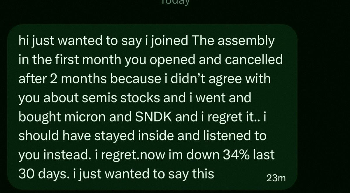 Lekand__'s tweet photo. So many stories like his.

He quit, bought semis, down 34% in a month, now he's kicking himself lol.

If you want to win, come hang with The Assembly.

https://t.co/mh3lTwoA9K https://t.co/wb7vuZP5n2