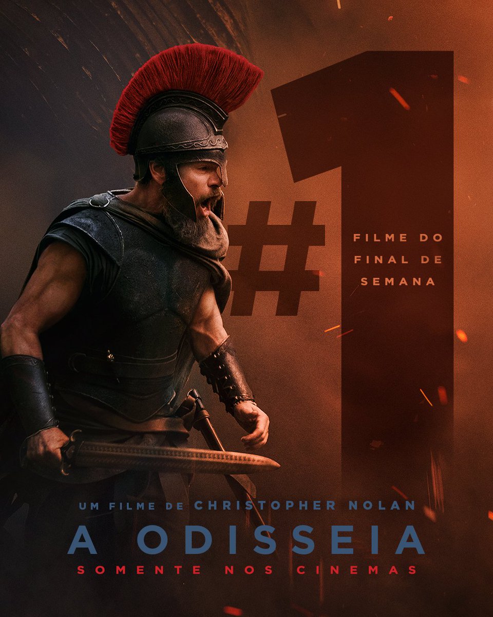 UniversalPicsBr's tweet photo. O público já escolheu: filme número 1 pelo SEGUNDO final de semana consecutivo. ⚔️

A jornada de Odisseu continua conquistando o público em uma aventura épica dirigida por Christopher Nolan.

#AOdisseiaFilme somente nos cinemas. Garanta seus ingressos pelo link na bio! https://t.co/I6etri2Re3