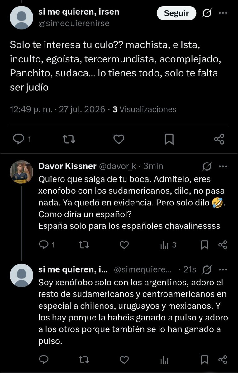 davor_k's tweet photo. Lo que uno se encuentra en esta red social. Un Español de 60 años diciendo abiertamente que es xenofobo con Argentina.
Cuando en su perfil habla de volver a colonizar y "robar oro" de nuevo porque somos tontos y tercemundistas siempre utilizando la palabra "sudaca" https://t.co/FgWCLrGQd3