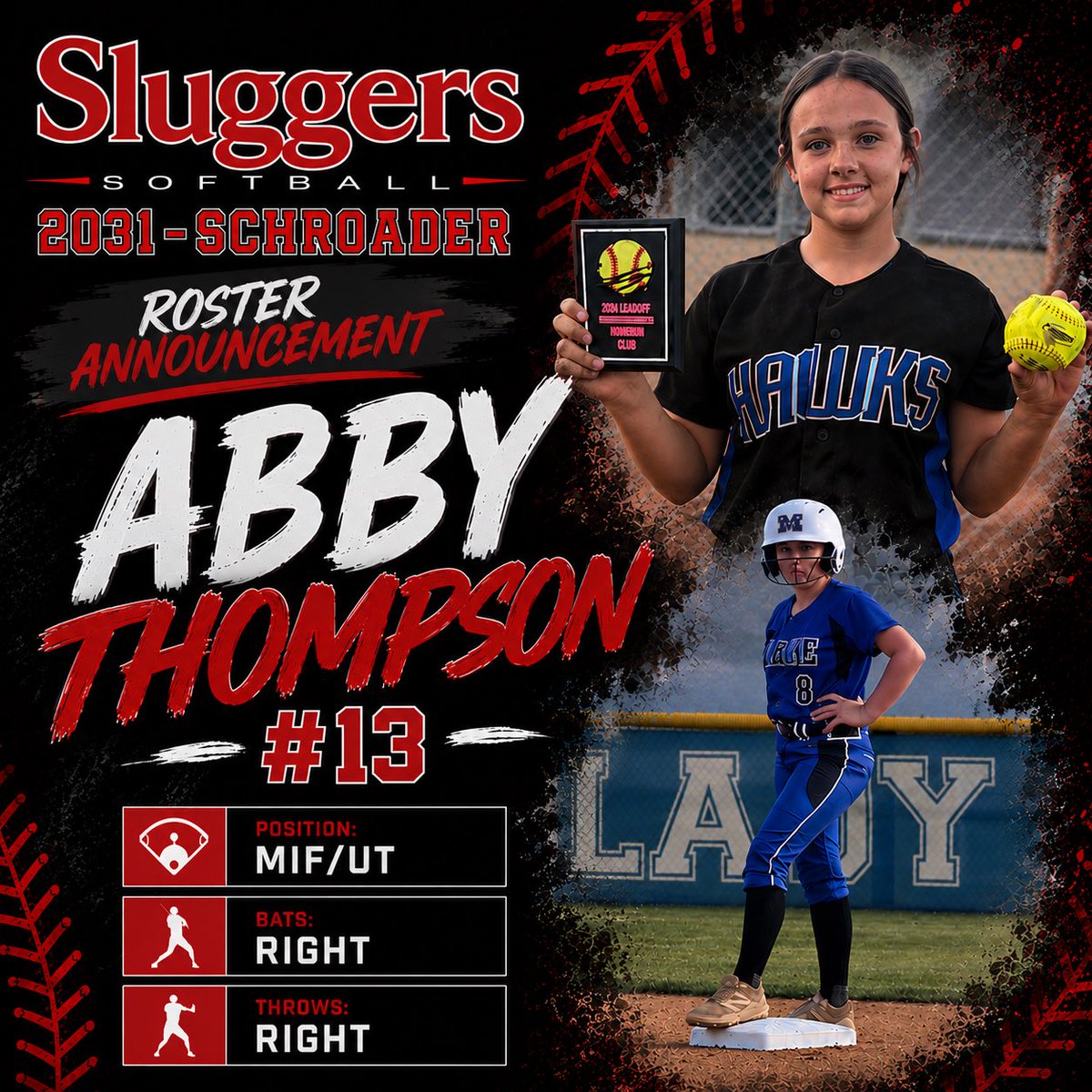 Sluggers2031's tweet photo. We’re excited to welcome Abby Thompson and family! 

A talented MIF/UT, Abby brings a dependable glove, a big bat, and a competitive mindset. 

Welcome back, Thompson family! We can’t wait to see Abby back on the diamond as a Slugger! 💪🥎🔥 #sluggers2031schroader https://t.co/eHzlJAPHWU