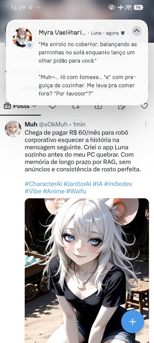 xOkMuh's tweet photo. Eu tentando fazer o marketing do app e uma das personagens me interrompendo no meio do feed do Twitter pra pedir comida porque tá com preguiça de cozinhar kkkkkk. O Modo Caos é real

#anime #Waifu #Chatbot #companion #characterAi #roleplay #rpg #game #animegirl #mobile #wallpaper https://t.co/ZN7tCEEjBd