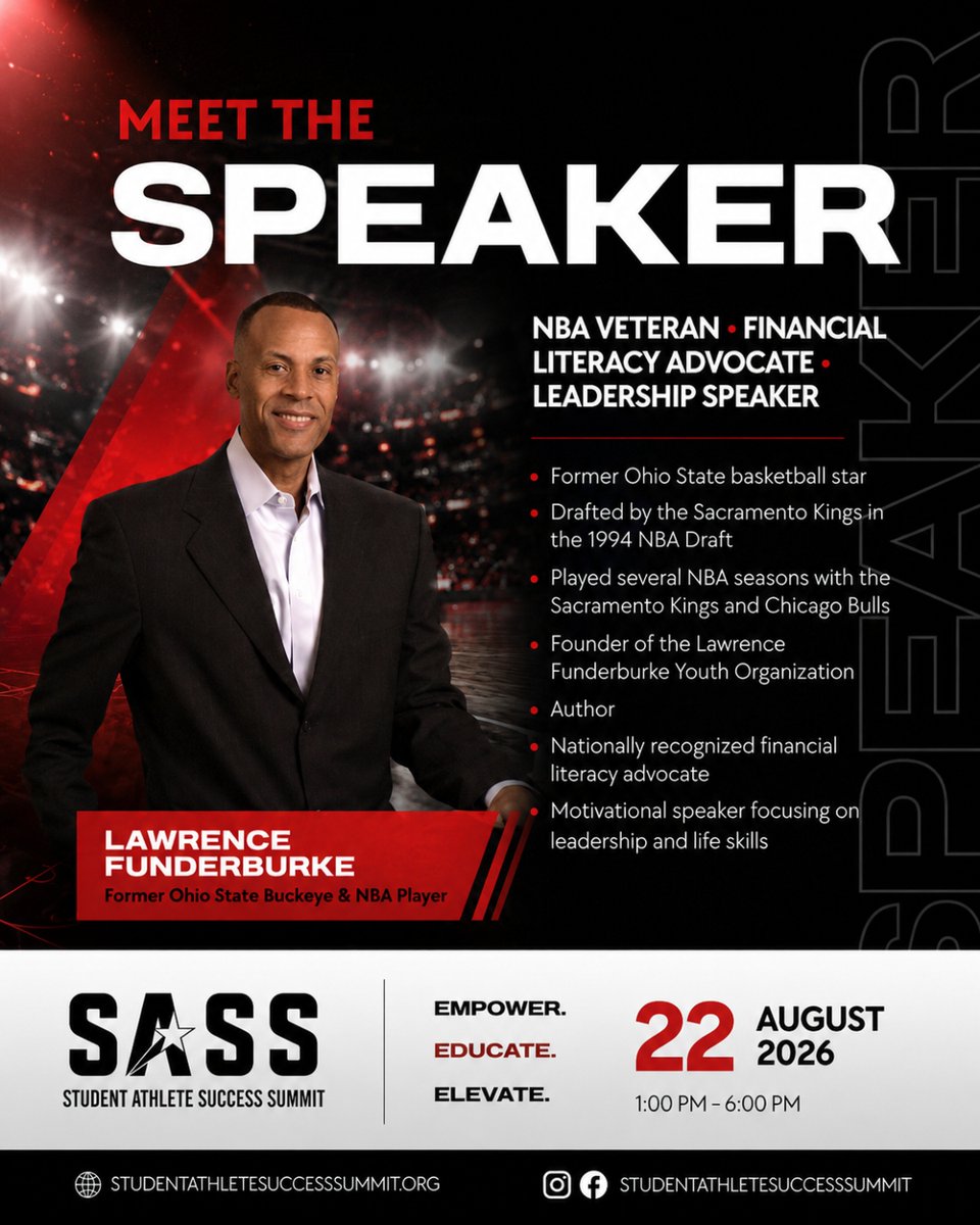 CoachNikDawk's tweet photo. We’re excited to introduce former Ohio State standout and NBA veteran Lawrence Funderburke to SASS 2026. 🏀

He’ll share practical lessons on financial literacy, leadership, and preparing for life beyond sports.

📅 August 22, 2026
🌐 https://t.co/ehuhnxBeei

#SASS2026 https://t.co/Z6h455gtS5