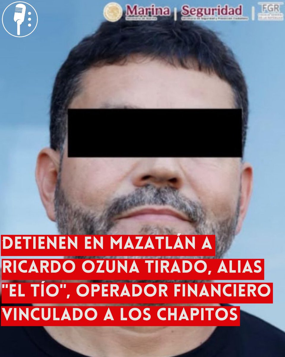 YosoyPedrero's tweet photo. 🚨 OJO: DETIENEN EN MAZATLÁN A RICARDO OZUNA TIRADO, ALIAS "EL TÍO", OPERADOR FINANCIERO VINCULADO A LOS CHAPITOS

Las fuerzas federales detuvieron en Mazatlán, Sinaloa, a Ricardo Ozuna Tirado, alias "El Tío", de 49 años, presunto operador financiero y uno de los principales líderes de una célula delictiva vinculada a la facción "Los Chapitos" del Cártel de Sinaloa. En el operativo, informado este lunes por el Gabinete de Seguridad federal, también fueron detenidos cinco presuntos integrantes del mismo grupo.

El aseguramiento se da en el marco de la ofensiva que las autoridades mexicanas mantienen contra las estructuras financieras y operativas de las distintas facciones del Cártel de Sinaloa, en un estado donde la disputa entre "Los Chapitos" y "La Mayiza" —el bando afín al fallecido líder Ismael "El Mayo" Zambada— ha generado una ola de violencia sostenida desde la detención de Zambada en julio de 2024.

Hasta el momento, el Gabinete de Seguridad no ha detallado el nombre completo de la célula delictiva a la que pertenecer��a Ozuna Tirado, ni ha precisado si el operativo derivó del aseguramiento de bienes, armas o dinero en efectivo, información que suele acompañar este tipo de comunicados en días posteriores.