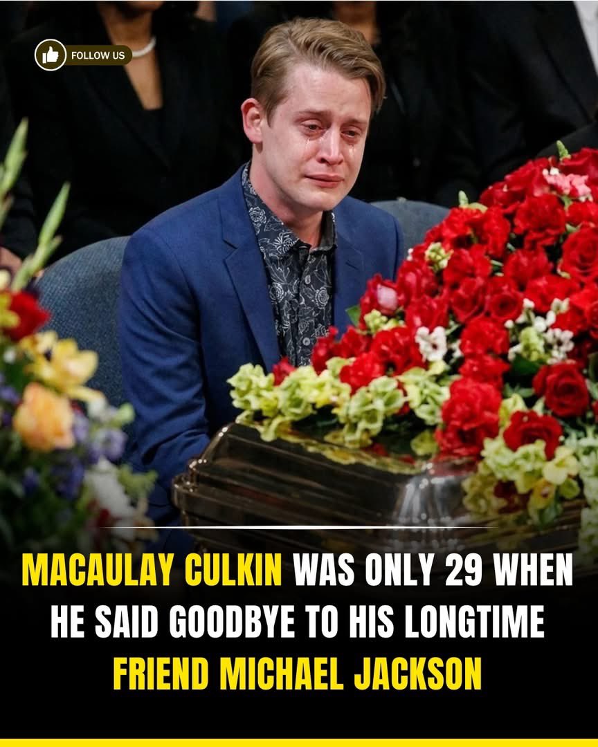 Jantar127's tweet photo. At Michael Jackson’s private funeral at Forest Lawn on September 3, 2009, Macaulay Culkin sat quietly among the family members and close friends mourning the King of Pop. Their friendship had begun when Macaulay was still a young Home Alone star, and Michael became one of the few people who truly understood what it felt like to grow up beneath overwhelming fame. The sorrow shown in this tribute image reflects a much more personal loss. For Macaulay, this was not simply the funeral of a global legend, but a painful farewell to a friend who had shared laughter, childhood memories and a rare understanding with him.
