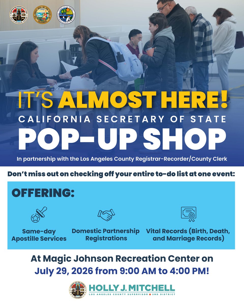 LACountyRRCC's tweet photo. It's nearly here! This pop-up event brings same-day Apostille services, domestic partnership registrations, and vital records to convenient locations.

📍 Magic Johnson Recreation Center
⏰ Wednesday, July 29: 9:00 AM to 4:00 PM https://t.co/O7O8g5bJsU