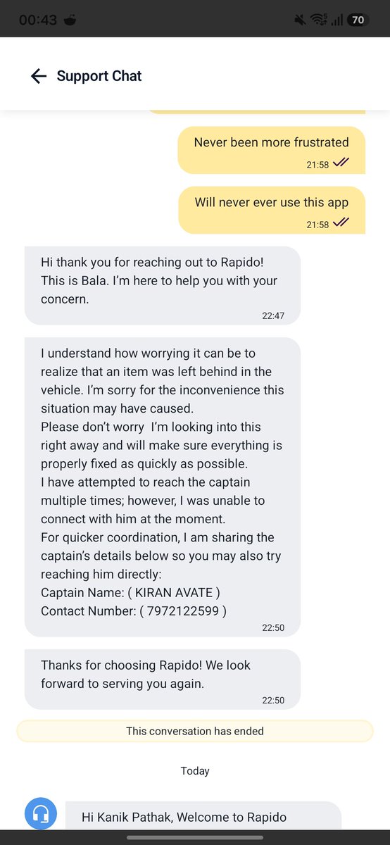 kanik_pathak's tweet photo. @rapidoapp_ @jagograhakjago @MumbaiPolice Tweet 16:
Reply I got fro. RAPIDO for 10+ times even after sharing the correct number they never tried to contact real number rather the one WRONG NUMBER in their system!
#rapidoScam
Not sharing number of driver here if needed pls DM https://t.co/Mxk4ThrQtk