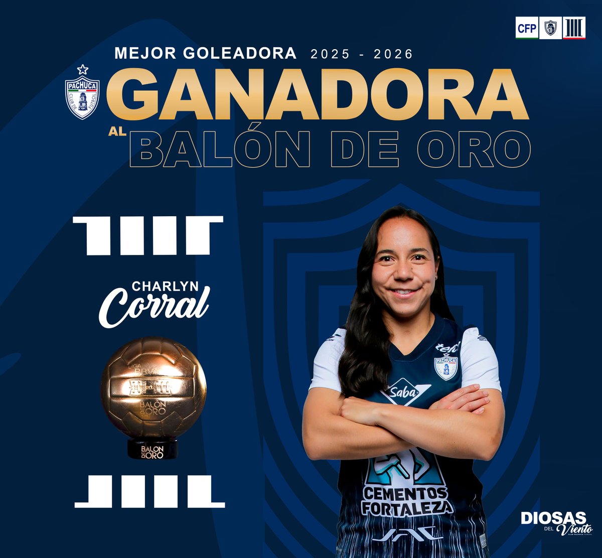 TuzosFemenil's tweet photo. 🏅 | ¡La mejor goleadora del futbol mexicano!

Felicidades a nuestra delantera @CharlynCorral por ganar el Balón de Oro de la @LigaBBVAFemenil a Mejor Goleadora de la temporada 2025 - 2026 👏🏼 https://t.co/YyMHgUarK1