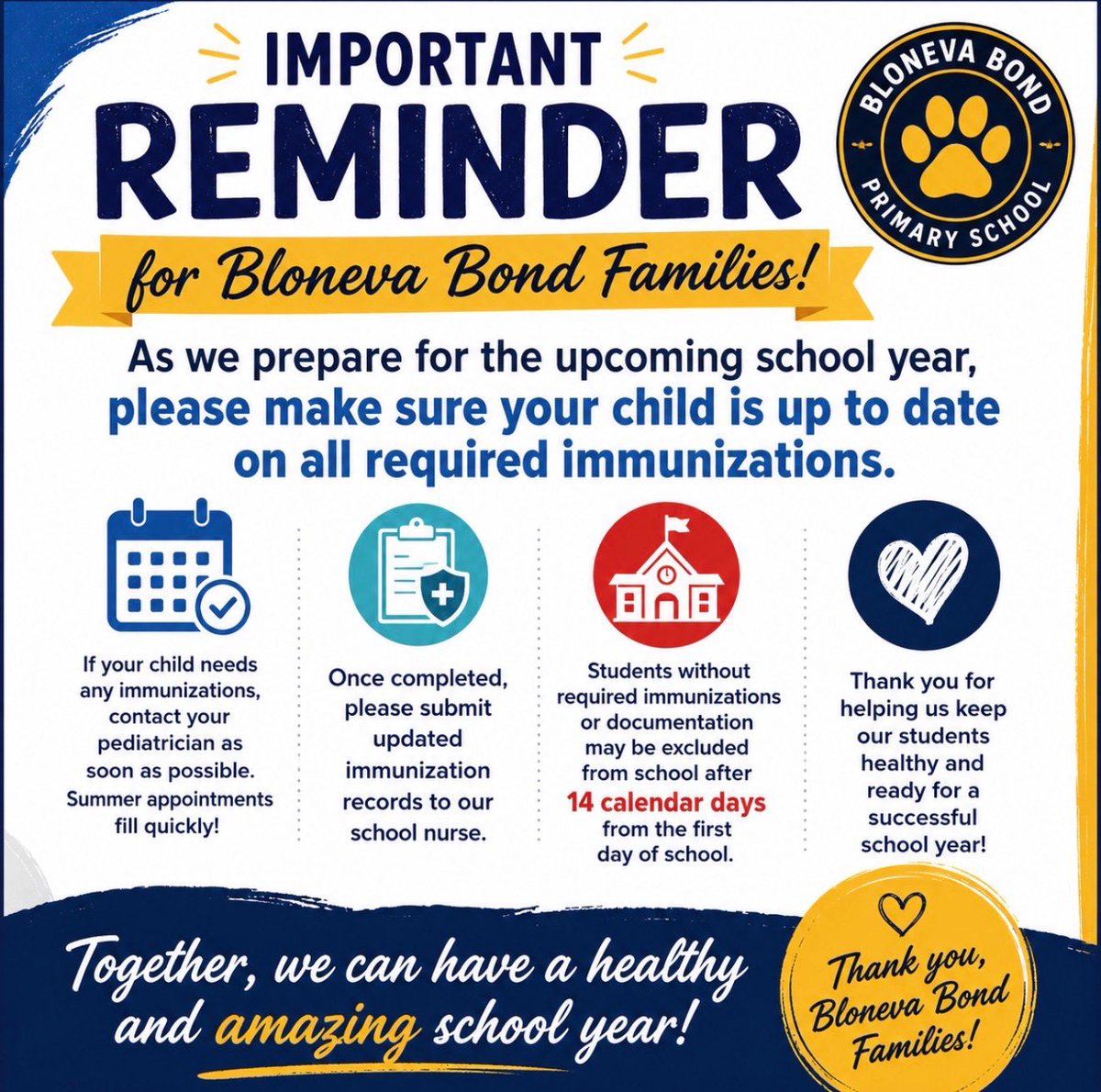 NSSElementary's tweet photo. 📚💉 Back-to-School Reminder, Bloneva Bond Families!

As we get ready for another amazing school year, please make sure your child is up to date on all required immunizations.

Any questions, contact 716-278-5860 https://t.co/3GWpGexuEP