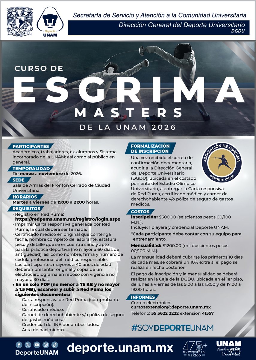 DeporteUNAM's tweet photo. 🔝 Anímate a participar en nuestros cursos #Masters 2026🐾

🏹Tiro con arco
🥏Ultimate
🤺Esgrima

¡Y muchos más! ℹ️ cursosextension@deporte.unam.mx
Tel. 55 5622 2222 ext. 22955

#SoyDeporteUNAM https://t.co/bwnmOGoQvf