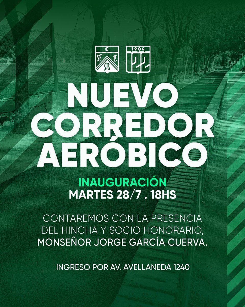 FerroOficial's tweet photo. 🏃‍♀️💚 ¡Inauguramos el nuevo corredor aeróbico!

En el marco del 122º aniversario del club, invitamos a todos los socios y socias a ser parte, junto a la UCA, de la inauguración del nuevo corredor aeróbico de Ferro.

Contaremos con la presencia del hincha y socio honorario, Monseñor Jorge García Cuerva.

📅 Martes 28 de julio
🕕 18 hs.
📍 Sede Estadio – Ingreso por Av. Avellaneda 1240

¡Las y los esperamos para compartir este importante paso en el crecimiento de nuestro club! 💚