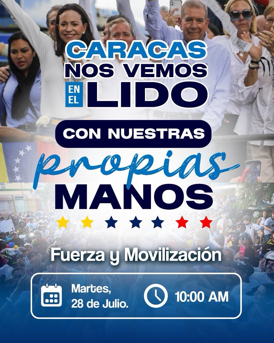 VenteVenezuela's tweet photo. Atención, #Caracas.
¡Nos vemos en El Lido!

🗓️ Este martes 28 de julio.
⏰ 10:00 am 
👕 Franela de Vente + Bandera de Venezuela

Lleva tu cartel con las actas del 28J o el mensaje: ¡Con Nuestras Propias Manos!

🇻🇪🇻🇪🇻🇪 https://t.co/ZIvSiVMEWO