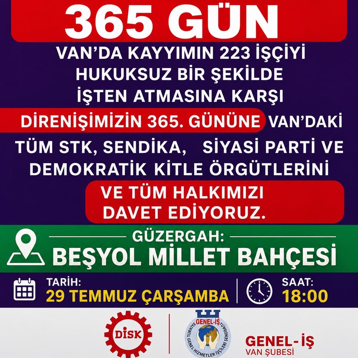 van_223kisi's tweet photo. Adalet arayışı 365 güne ulaştı. 

Van’da 223 işçinin haklı direnişi devam ediyor.
Onların sesi olmak, vicdanımızın da sesi olmak demek.

29 Temmuz Çarşamba saat 18:00’da Beşyol’da buluşuyoruz.

#Vanda223Kişi https://t.co/eKogttZv6G