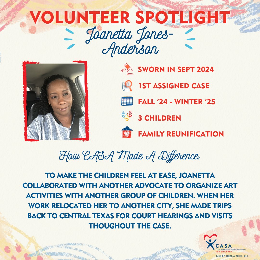 CASACenTex's tweet photo. We love spotlighting our amazing volunteers who go above and beyond for the children and families of Central Texas! Thank you for your hard work and dedication to our mission, Joanetta! 
#thecasadifference #getinvolved

Learn more and #becomeacasa: https://t.co/C2Av0RUS4h https://t.co/BE2nDR7MuA