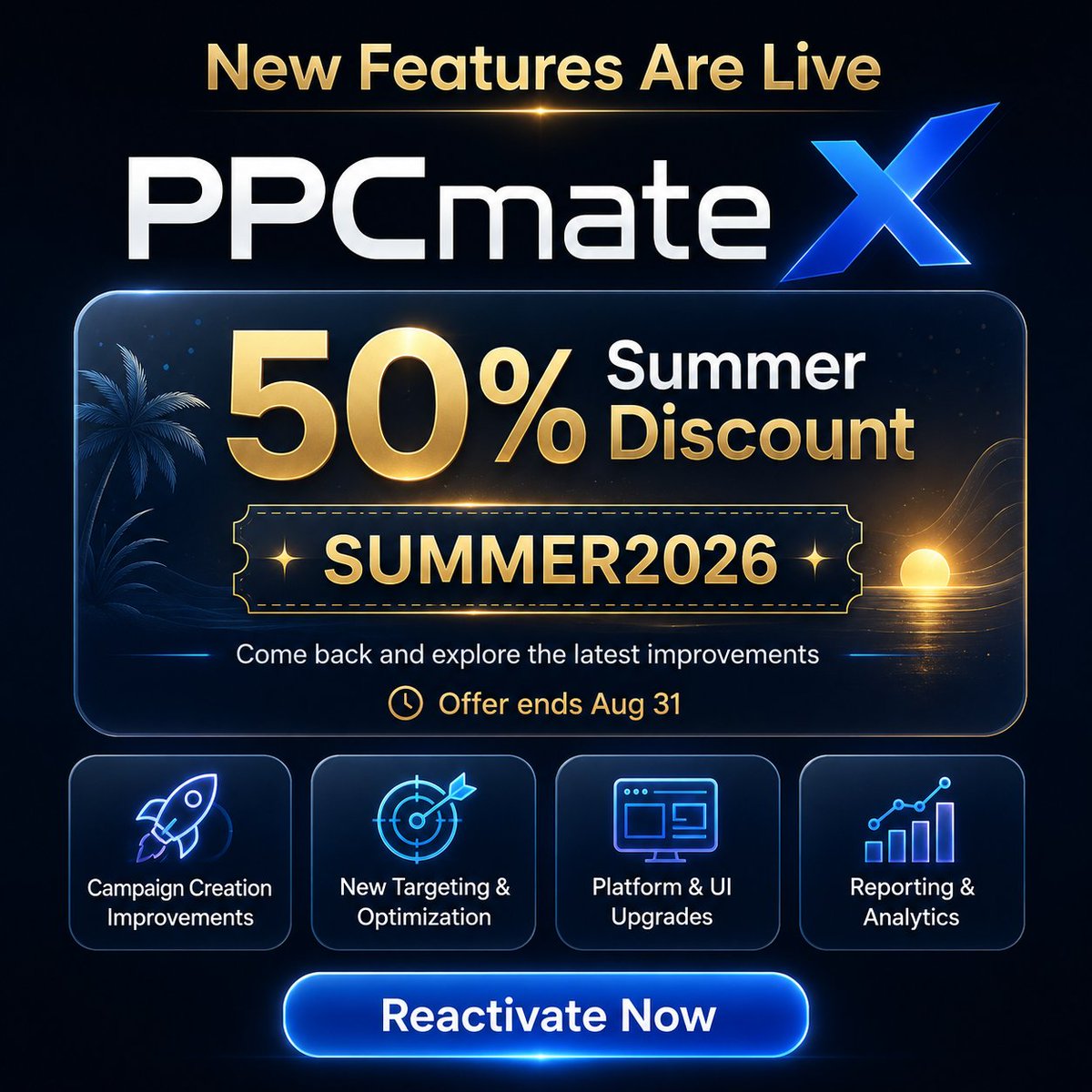 ppcmate's tweet photo. PPCmate X just got better.
More power. Better experience. Premium quality.
50% off with SUMMER2026 until Aug 31.
#PPCmate #AdTech #Programmatic #MediaBuying #DSP #DigitalAdvertising #SelfServeDSP #AIAdvertising #AImarketing https://t.co/X8dnZjmb6H