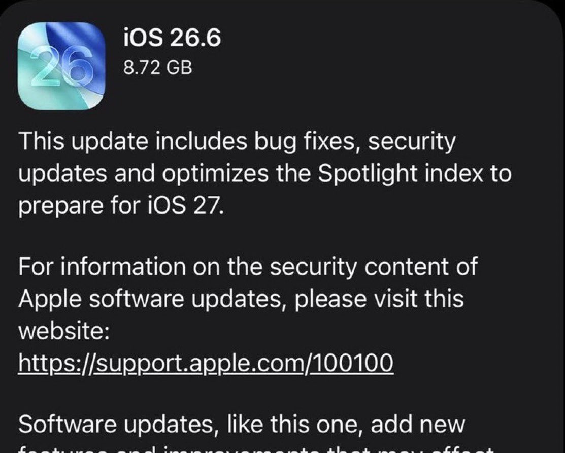 saas1919's tweet photo. آبل تطلق تحديث رسمي برقم
iOS 26.6
لجميع الأجهزة المدعومة
فيه اصلاحات وتحسينات
وتجهيز فهرسة البحث وسيري لنظام iOS 27 القادم بعد اقل من شهرين
يمكنك استخدام هذه التاقات لزيادة الوصول:
#Apple #iOS26_6 #iOS26 #iOS #iPhone #AppleUpdate #Siri #iOS27 #ابل #آيفون #تحديث_ابل #تحديث_الايفون #iOSUpdate
