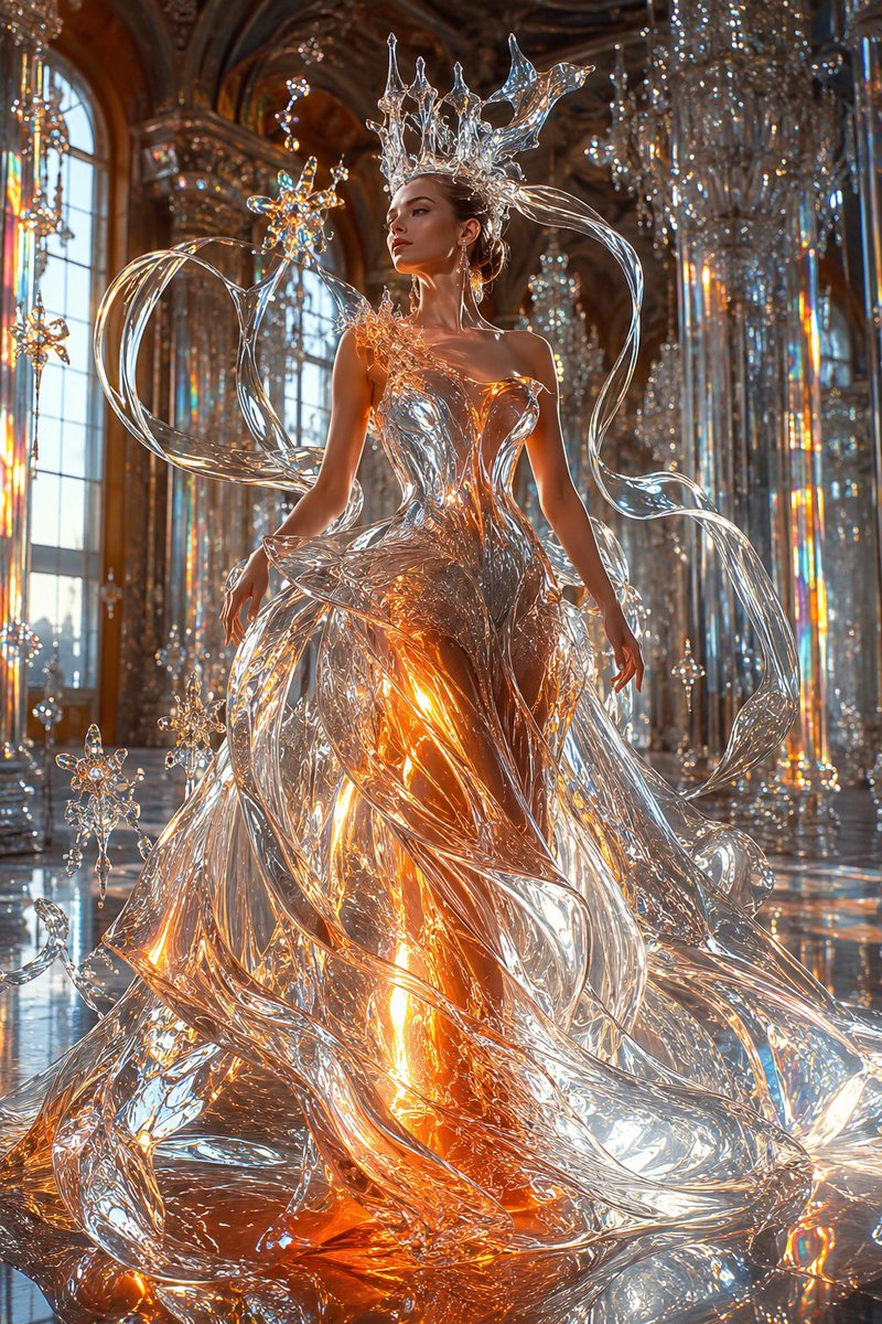 aylinspace's tweet photo. Prompt:
An extraordinary supermodel wearing an extravagant haute couture gown made entirely from living molten glass. The dress is formed from glowing transparent liquid glass flowing seamlessly around her body, sculpted into elegant couture folds, dramatic layered skirts, and breathtaking architectural silhouettes. Brilliant streams of molten glass continuously flow across the gown before gradually cooling into flawless crystal-clear glass with subtle iridescent reflections. Every surface displays authentic optical glass properties, including realistic transparency, refraction, dispersion, caustics, and mirror-like highlights. The molten sections glow with fiery orange, amber, and soft white heat, creating a mesmerizing contrast against the cooled crystal glass. Long ribbons of liquid glass stretch into the air, frozen in graceful motion, while tiny glowing droplets transform into delicate glass flowers and crystal ornaments. She wears a magnificent crown sculpted from molten glass, with elegant spires and flowing transparent glass ribbons. The background is a luxurious glass cathedral filled with towering crystal columns, suspended chandeliers, reflective floors, and radiant sunlight creating spectacular rainbow caustics throughout the scene. Hyper-realistic haute couture fashion photography, physically accurate ray-traced lighting, cinematic composition, volumetric light, ultra-detailed, masterpiece, museum-quality craftsmanship, Unreal Engine 5, Octane Render, 8K, HDR, no plastic, no resin, unmistakably molten and transparent glass, no text, no watermark.