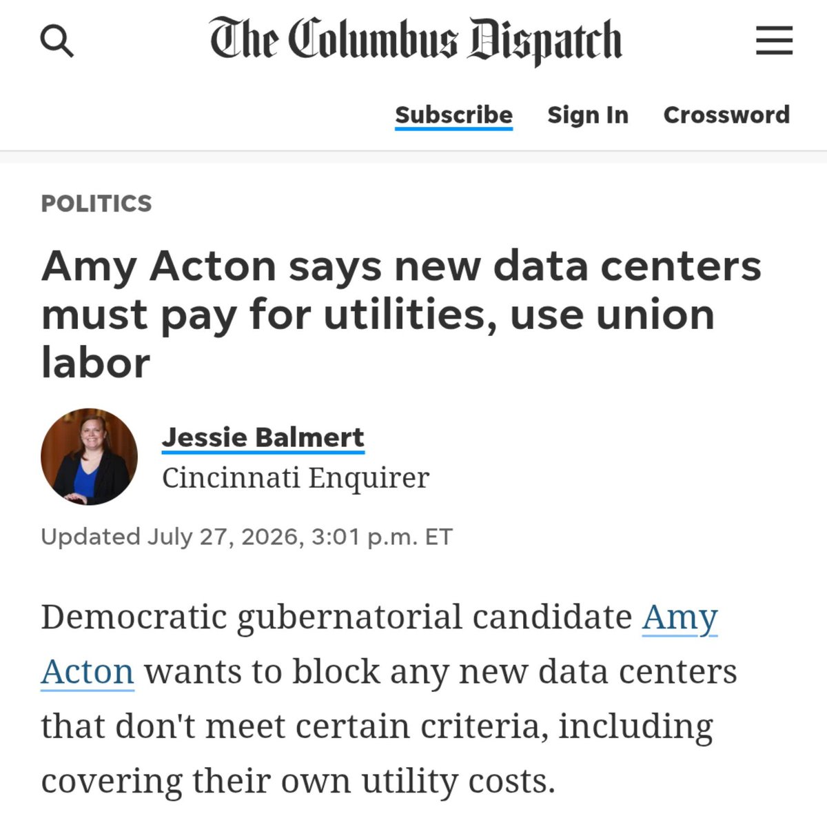 WeWillBeFree24's tweet photo. 🚨 Ohio Huge Move 

Amy Acton has announced her policy plan for data centers. She is calling for a moratorium on any data centers that don't meet the following criteria:

- cover ALL their own gas, electric, and water costs
- build with ONLY Union Labor 
- bring jobs back to former industrial areas
- only use brownfields not farmland for data center buildouts 
- no operating behind non-disclosures and full transparency 
- meet standing Ohio environmental standards
- mist support the needs of local communities 

This is hugely important to the future of our state and our children's futures. 

Vivek Ramaswamy has been touring around Ohio for a year meeting with business leaders making deals behind closed doors that hurt Ohioans, take jobs from the state, replace workers with H1Bs, harm our water and farmland, automate what jobs we do have, only to benefit himself and the rest the billionaire technocrats. 

Many of us have been waiting for this. I hope everyone understands the importance of this policy. 

People better start making decisions based on now, not five years ago. Different times, different priorities. DeWine is gone.