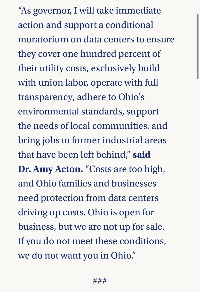 WeWillBeFree24's tweet photo. 🚨 Ohio Huge Move 

Amy Acton has announced her policy plan for data centers. She is calling for a moratorium on any data centers that don't meet the following criteria:

- cover ALL their own gas, electric, and water costs
- build with ONLY Union Labor 
- bring jobs back to former industrial areas
- only use brownfields not farmland for data center buildouts 
- no operating behind non-disclosures and full transparency 
- meet standing Ohio environmental standards
- mist support the needs of local communities 

This is hugely important to the future of our state and our children's futures. 

Vivek Ramaswamy has been touring around Ohio for a year meeting with business leaders making deals behind closed doors that hurt Ohioans, take jobs from the state, replace workers with H1Bs, harm our water and farmland, automate what jobs we do have, only to benefit himself and the rest the billionaire technocrats. 

Many of us have been waiting for this. I hope everyone understands the importance of this policy. 

People better start making decisions based on now, not five years ago. Different times, different priorities. DeWine is gone.