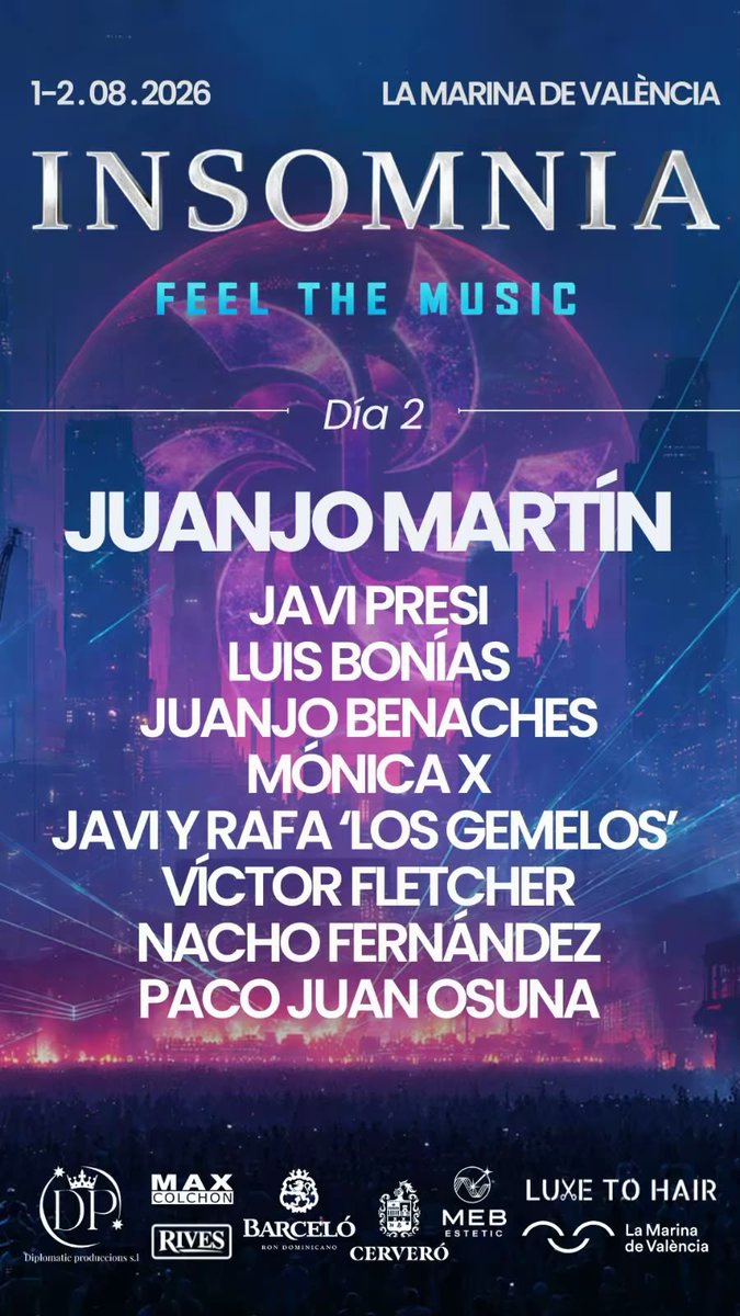 LuisBonias_Bias's tweet photo. PROXIMO DOMINGO 2!! LA MARINA DE VALENCIA TOCA #INSOMNIAFEST FEEL THE MUSIC.
Día 2: Domingo 2 AGOSTO 2026 / 🎵 PROGRESSIVE HOUSE📍La Marina de Valencia (Valencia).
🎟 ENTRADAS ANTICIPADAS https://t.co/hLnwTNVD1t 👈
🕛 16:00h - 1:30h.
https://t.co/RBY6Fz2QMd
@juanjobenaches https://t.co/eYB1BO09j8