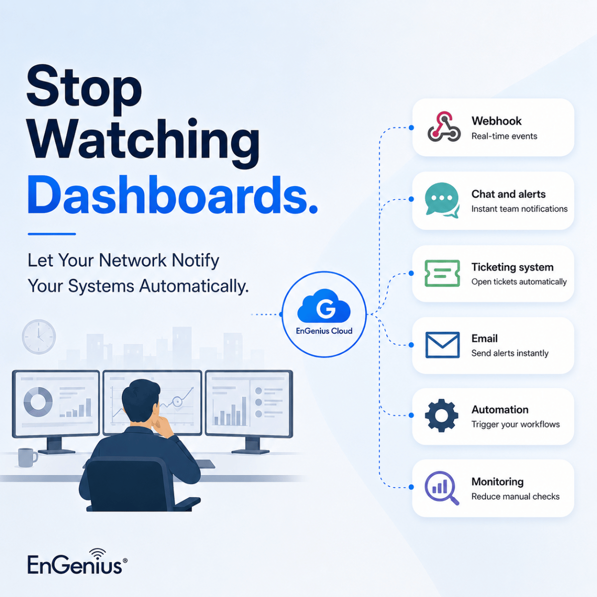 EngeniusTech's tweet photo. How many dashboards does your IT team check each day?

EnGenius Cloud Webhooks automatically send network events to monitoring, ticketing, and automation tools for faster response and fewer manual checks.

Learn more: https://t.co/Fj1rwH4LUJ

#EnGeniusCloud #webhooks https://t.co/XJm0pwleAs