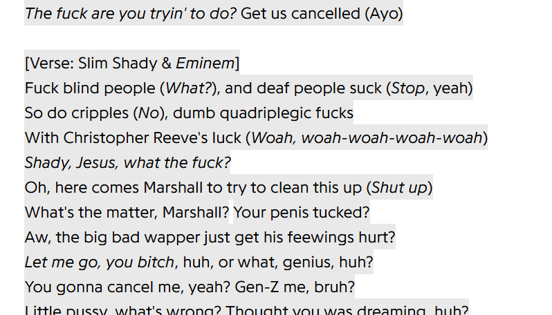 Can0Wormzz's tweet photo. guys can we cancel eminem look at these lyrics these are so problematic!!!! #canceleminem #genzagainsteminem #genzemebruh https://t.co/AD2dQ7lzVG