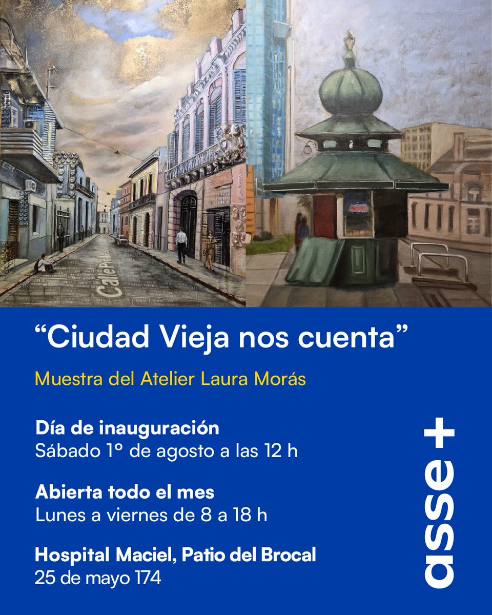 ASSEHMaciel's tweet photo. Hospital Maciel invita a la inauguración de la muestra “Ciudad Vieja nos cuenta”, una exposición de alumnos del Atelier Laura Morás, organizada junto a Amigos del Patrimonio.

📅 Sábado 1.º de agosto
🕛 12:00 horas
📍 Patio del Brocal, Hospital Maciel. 25 de Mayo 174 https://t.co/DoxizOS7F1