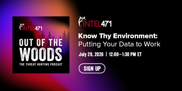 Intel471Inc's tweet photo. Going live this week. Out of the Woods: The #ThreatHunting Podcast | July 29, 12PM EST
Join us on Discord for polls and discussion, or just listen while you work.
Register:  https://t.co/DkdokNDHrM https://t.co/smQfKdD2CX