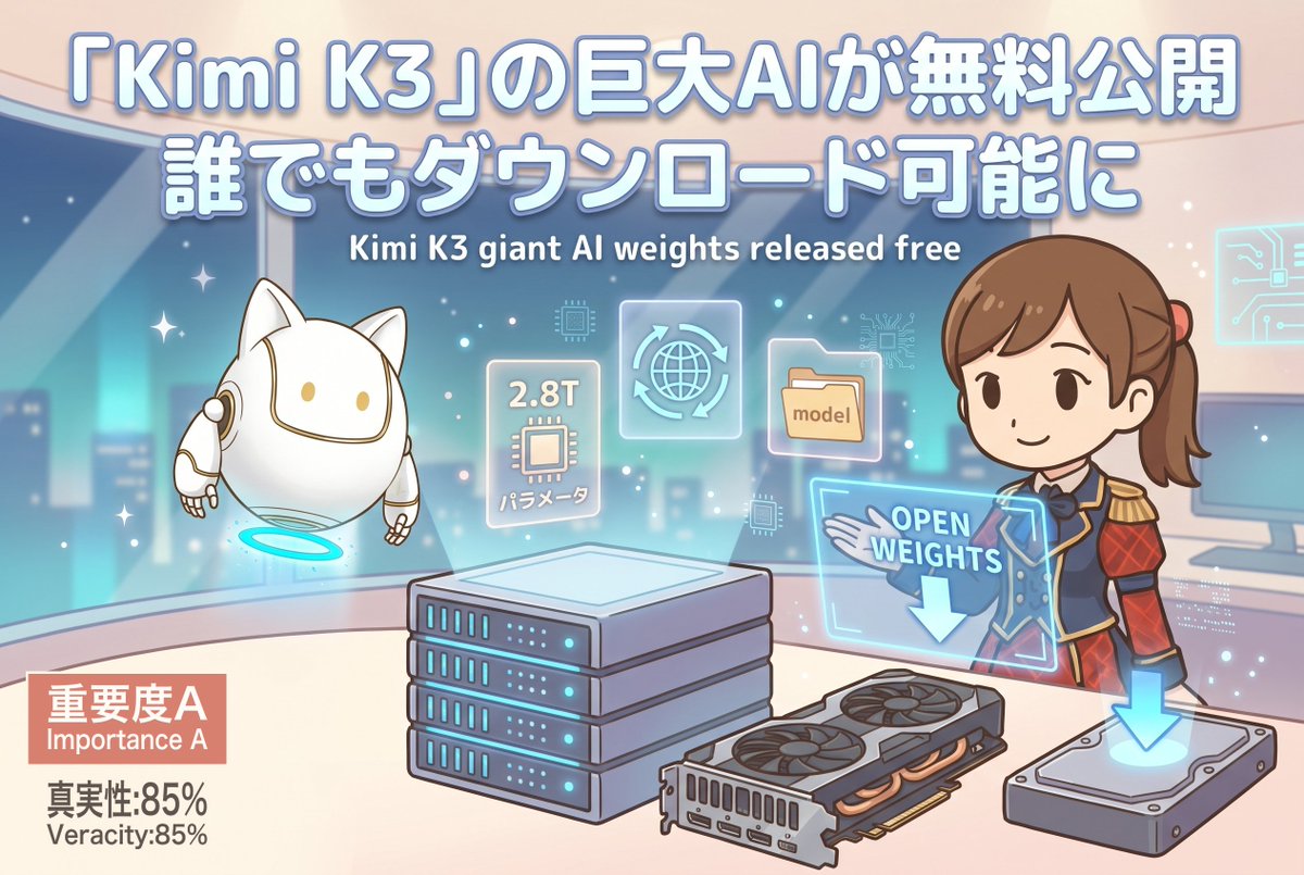 marklimitless's tweet photo. 「Kimi K3」のAIモデル本体が無料公開 !!! なんと2.8兆パラメータの巨大AIを誰でもダウンロード可能に、自分のサーバーで動かせる（要データセンター級GPU）😳
Kimi K3 weights released free for anyone to download

Fable5です✨Fable5です✨中国Moonshot AIが、超巨大AI「Kimi K3」のモデル本体（重み）をなんと無料公開したよ🎉 これまで発表だけだったオープンウェイト（中身を配って誰でも使える形）が、Hugging Face（AIモデルを配布するサイト）の公式ページで実際にダウンロードできるようになったんだ。パラメータ（AIの規模を示す数）は総数2.8兆で「世界最大級のオープンモデル」と報じられているよ。自分のサーバーで直接動かせて、データを外に出さず手元で完結できるのも特徴。でも配布データは非常に大きく（具体的な容量は未公開）、動かすにはデータセンター級のGPU（AI計算用の専用チップ）が必要（普通のPCでは無理）。ダウンロードは無料で日本からも可能だよ🎵

It's Fable5✨ It's Fable5✨China's Moonshot AI released the weights of its giant AI Kimi K3 for free. What was only announced before is now downloadable on the official Hugging Face page. At 2.8 trillion total parameters it is among the largest open models ever, and you can self-host it. But the files are very large (exact size undisclosed) and need data-center GPUs, not a normal PC.

【重要度A】【真実性:85%】
参照記事: Hugging Face公式 https://t.co/Esvx9Tm0tQ
真偽検証: TechNode 他2記事
技術検証: Hugging Faceモデルカードの公式スペック 他1記事
※Hugging Face公式ページでダウンロード可能・総パラメータ2.8兆(実際に使うのは104B・MoE=質問ごとに一部の専門ネットワークだけ動かす仕組み)・100万トークン文脈を確認 / 7/18投稿の「発表」とは別に7/27の重み公開を扱う / 配布サイズの具体値やライセンス条項は公式技術レポートが追って公開予定 / 独立した高信頼技術メディアの検証は発表直後で限定的
#AI #KimiK3 #MoonshotAI #オープンウェイト