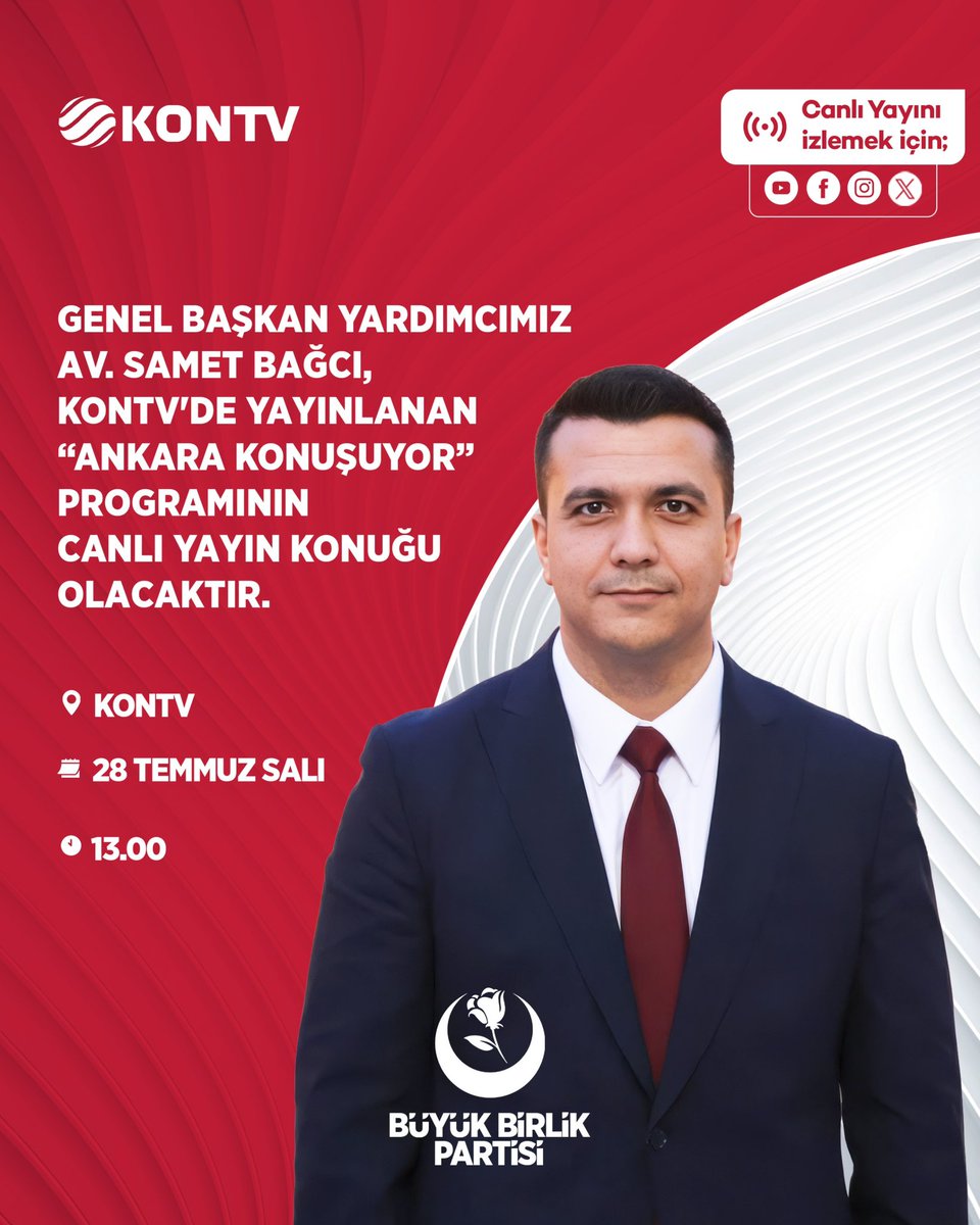Samet_Bagci's tweet photo. Yarın saat 13.00’de @KONTV ekranlarında “Ankara Konuşuyor” Programında Ahmet Karaarslan’ın konuğu olacağım.

🗓 28 Temmuz 2026
🕘 13.00
📺 KONTV https://t.co/zEfpITZkZJ