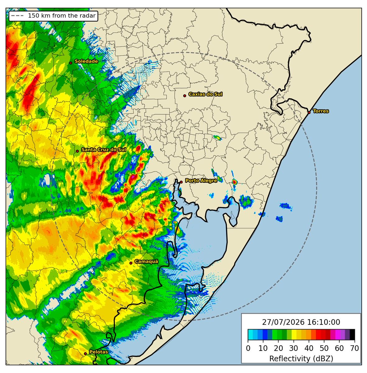 metsul's tweet photo. ⚠️ AVISO | Chuva se aproxima de Porto Alegre e região metropolitana com risco de precipitação localmente forte e com trovoadas, não se afastando granizo localizado. https://t.co/cJIC4bOyNS
