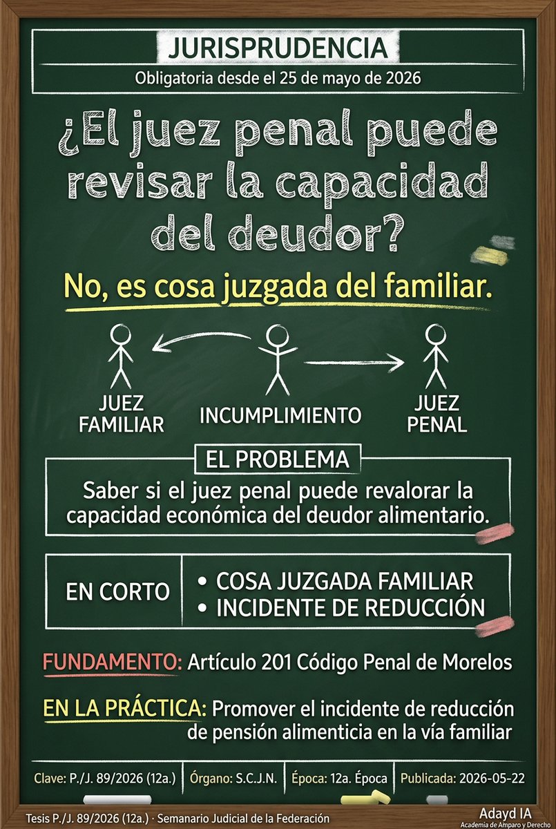 ralejandrots88's tweet photo. ⚖️ ¿Un juez penal puede cuestionar la pensión alimenticia que fijó un juez de familia?

El Pleno de la Suprema Corte determinó que la resolución firme en materia familiar constituye cosa juzgada sobre la capacidad económica del deudor y la existencia de la obligación.

Por lo tanto, en la vía penal no se pueden revalorar estos aspectos para analizar el delito de incumplimiento. Si los ingresos del deudor cambian, este debe solicitar la reducción del monto mediante un incidente ante el propio juez familiar.

#DerechoPenal #DerechoFamiliar #PensiónAlimenticia #Jurisprudencia #SupremaCorte #SCJN #AcademiaDeAmparo #DerechoMexicano
