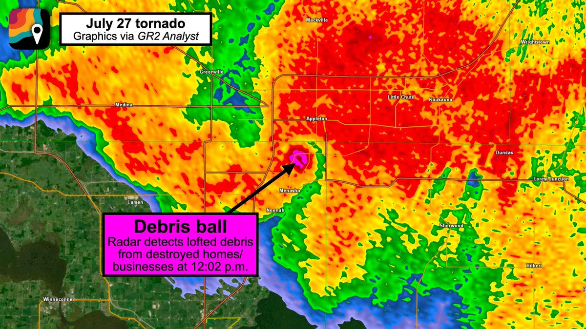 MyRadarWX's tweet photo. BREAKING: Appleton/Menasha tornado WAS LIKELY AN EF3, perhaps nearing EF4. Maximum winds probably 140 to 160+ mph!

Radar analysis suggests the tornado quickly formed between 11:55 a.m. and 11:59 a.m. somewhere near or just east of the railyards off West 2nd Street, then passing near Xavier High School and Prospect Avenue before crossing the Fox River. It then passed over U.S. 10, near the Menasha Youth Sports Complex and Route 47 (Appleton Road) and 3rd Street.

At 12:05 p.m., the tornado intensified, likely into an EF2 or EF3, and passed near/over Jefferson Park. An enormous debris ball appeared on radar, depicting pieces of homes and structures that had been lofted into the air. 

The debris ball itself was more than 2.5 miles wide; that doesn't represent the width of the tornado, but does imply a large tornado. 

The circulation appeared to further strengthen over Lake Winnebago while remaining near or just offshore the western side of the lake. (Tornadoes can intensify over water as they encounter less frictional drag.)

The tornado dissipated over the lake east of the town of Winnebago between 12:20 and 12:25 p.m. after being on the ground for approximately 30 minutes. Debris was lofted to between 16,000 and 20,000 feet, commensurate with a high-end EF2 to EF3 tornado.

Rotational velocity, or the difference between the fastest "toward" and "away from" pixels on radar velocity, was 96 knots. That's well within the range for an intense EF3+ tornado.

The tornado formed on a day when the Storm Prediction Center only called for a "marginal" tornado risk, BUT the setup was classic for northwest flow supercells. Dew points were near 80 degrees, meaning more humidity than anywhere in the Amazon Rainforest.

Moreover, there was a boundary draped south to north boundary on the west side of Lake Michigan. Our storm latched onto that boundary and gobbled up all the extra low-level helicity (spin) along it, stretching it efficiently and producing a significant tornado. 

It's worth noting that the rating will ultimately come down to what damage the National Weather Service finds. The Enhanced Fujita scale does NOT rate tornadoes, but instead only rates damage. Damage is used as a proxy for tornado strength, though most tornadoes are 1-1.5 categories stronger in reality than their EF scale-rated damage implies.