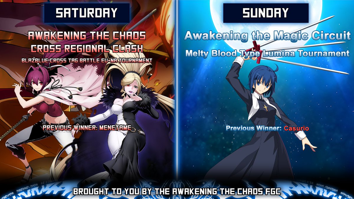 AtCFGC's tweet photo. This weekend's schedule!  

Saturday 1st 8PM CEST/2PM EDT - #BBTAG Cross Regional Clash: https://t.co/54kTAeJFZg 

Sunday 2nd 7PM CEST - #MBTL : https://t.co/nwjJNju2d8 

Both tournaments are played on PC!
https://t.co/ylAKzj6P7y https://t.co/HTqgkba1QE